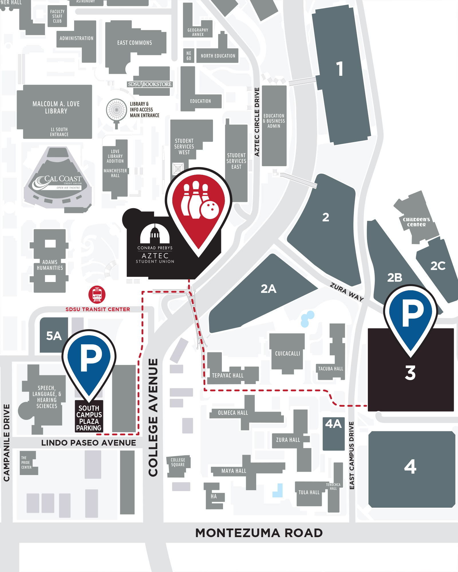 Map Parking 3 and South Campus Plaza Parking to Aztec Lanes